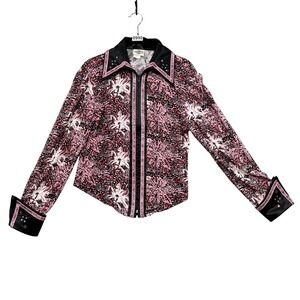 Rod's Western Show Shirt Womens M Pink Animal Print Rhinestone Zip Front Vintage
